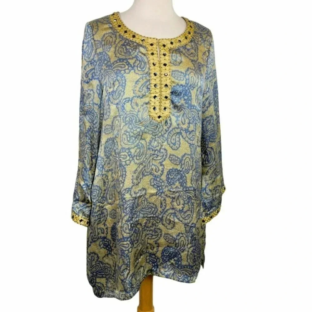 Rimara M Blue/gold paisley beaded Indian Sari top